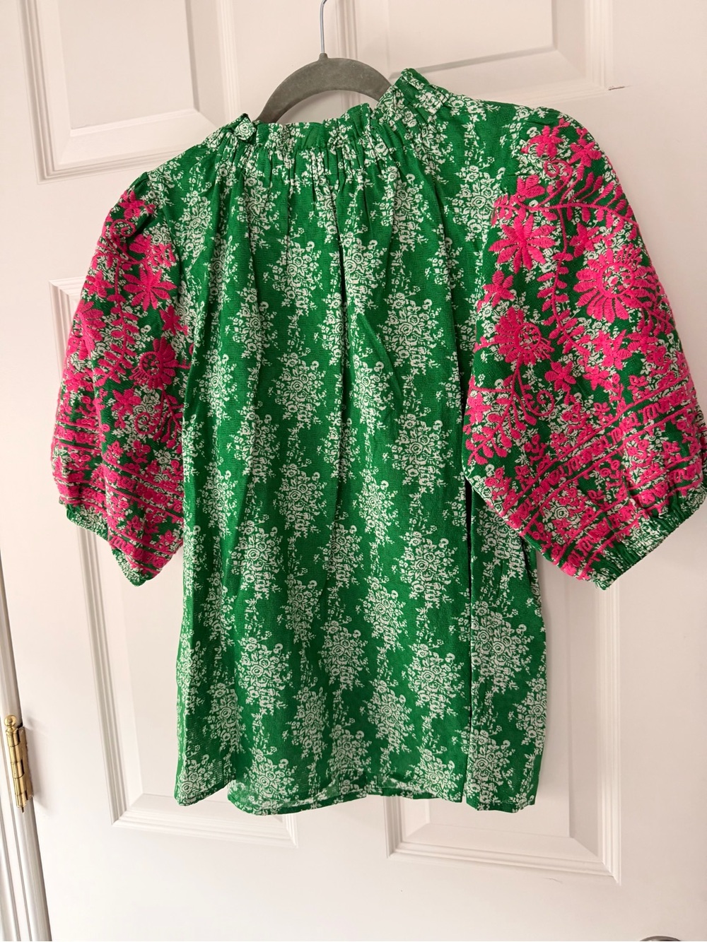 Pink and Green Embroidered Blouse